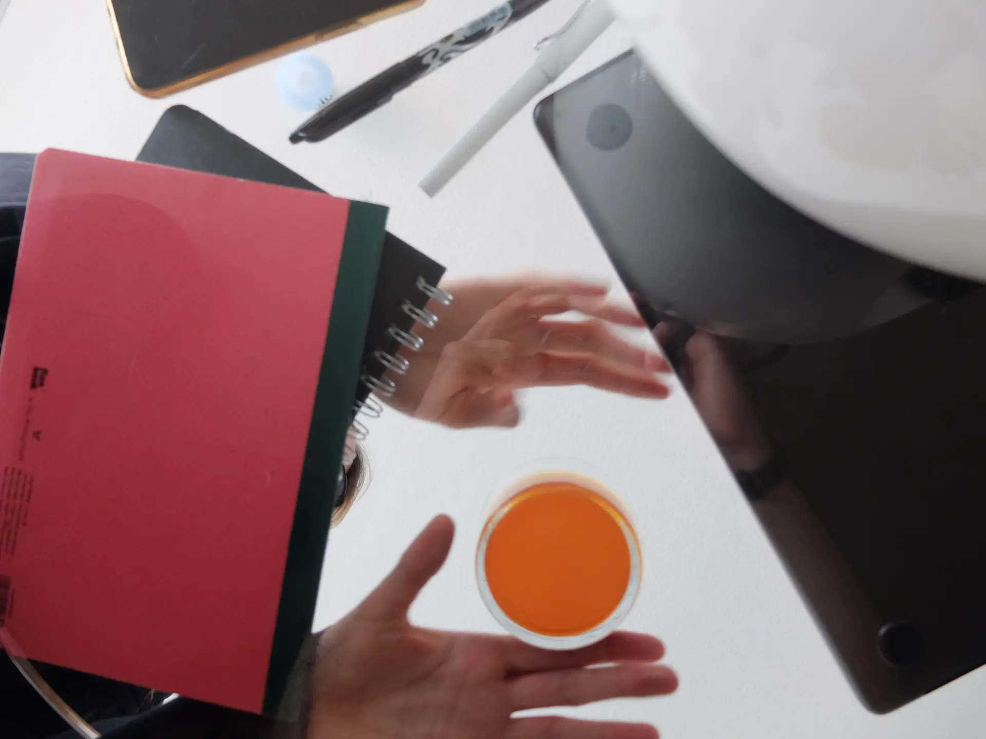 hands around a glass of orange tea on a white desk with a notebook and pen